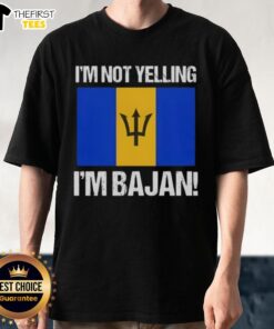 Alt Text: Top I'M Not Yelling I'M Bajan Flag T-Shirt featuring vibrant Barbadian flag design for proud Bajan wearers.