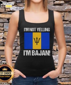 Stylish 'I'm Not Yelling, I'm Bajan' flag tank top showcasing vibrant Barbados flag colors and a fun, casual design.