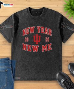 Alt Text: Top Indiana Hoosiers Football New Year New Me 2026 logo on a washed t-shirt, perfect for fans celebrating the season.