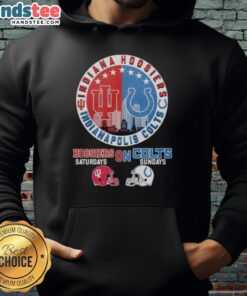 Alt Text: Top Indiana Hoosiers and Indianapolis Colts helmet logo mashup hoodie showcasing team spirit for game days.