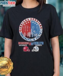 Indiana Hoosiers and Indianapolis Colts helmet logo mashup on a ladies tee, perfect for sports fans on game days.