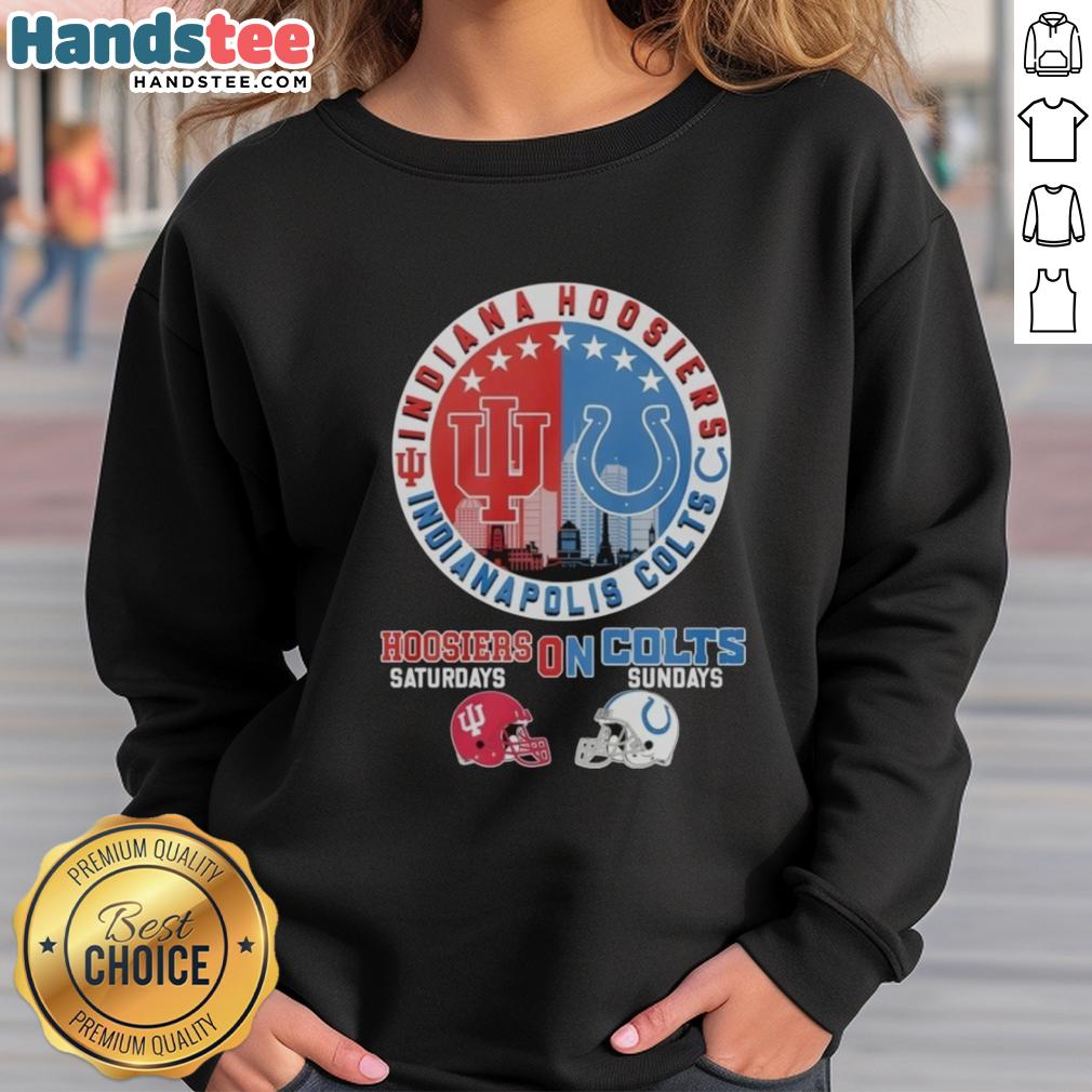 top-indiana-hoosiers-on-saturdays-and-indianapolis-colts-on-sundays-helmet-logo-mashup-sweatshirt Alt Text: Indiana Hoosiers and Indianapolis Colts helmet logo mashup sweatshirt for fans, perfect for game days and casual wear.