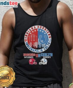 Alt Text: Indiana Hoosiers and Indianapolis Colts helmet logo mashup tank top, perfect for game days and sports fans.