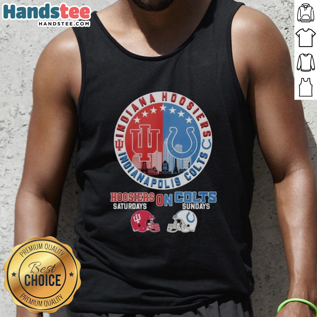 top-indiana-hoosiers-on-saturdays-and-indianapolis-colts-on-sundays-helmet-logo-mashup-tank-top Alt Text: Indiana Hoosiers and Indianapolis Colts helmet logo mashup tank top, perfect for game days and sports fans.