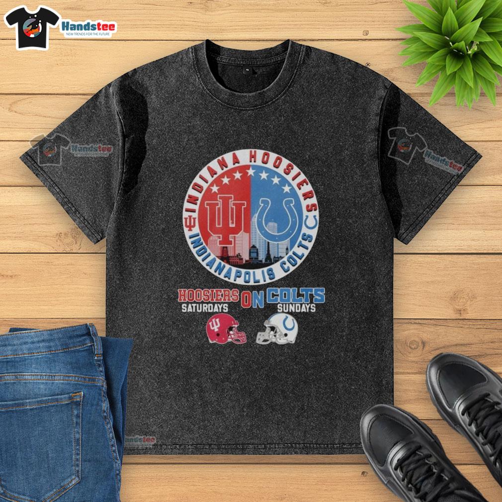 top-indiana-hoosiers-on-saturdays-and-indianapolis-colts-on-sundays-helmet-logo-mashup-washed-t-shirt Alt Text: Indiana Hoosiers and Indianapolis Colts helmet logo mashup on a washed t-shirt for game days and fan apparel.