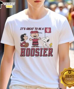 Alt Text: Top Indiana Hoosiers Peanuts T-shirt featuring 'It's A Great Day To Be A Hoosier' design for fans and supporters.