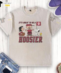 Top Indiana Hoosiers peanuts 'It's a Great Day to be a Hoosier' washed t-shirt displayed on a wooden background.