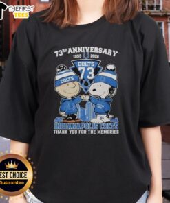 Alt Text: Ladies tee featuring Snoopy and Charlie Brown for the 73rd anniversary of the Indianapolis Colts, 1953-2026.