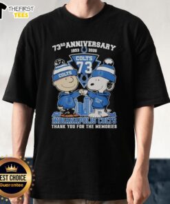 Top Indianapolis Colts outfit featuring Snoopy and Charlie Brown 73rd Anniversary T-shirt, celebrating 1953-2026.