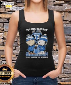 Stylish Indianapolis Colts tank top featuring Snoopy and Charlie Brown, celebrating 73rd anniversary (1953-2026).