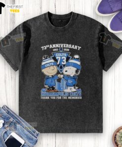 Top Indianapolis Colts outfit featuring Snoopy and Charlie Brown on a 73rd anniversary washed t-shirt, 1953-2026.