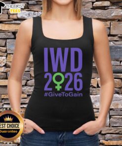 Top International Women's Day 2026 Give to Gain tank top featuring empowering design for women's empowerment and solidarity.