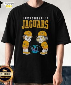 Top Jacksonville Jaguars X Michael Myers and Billy the Puppet graphic tee featuring unique horror and sports design.