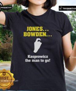 Alt Text: Top Jones Bowden Kasprowicz The Man to Go Ladies Tee in vibrant colors, showcasing stylish design for women.