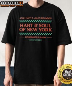 Alt Text: Top Josh Hart and Jalen Brunson 'Hart and Soul of New York' roommates show fresh T-shirt design for fans.