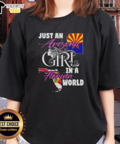 Arizona girl in a Florida world ladies tee, showcasing a trendy design perfect for casual wear and sunny adventures.
