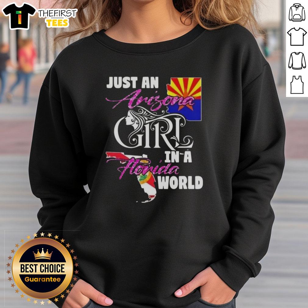top-just-an-arizona-girl-in-a-florida-world-sweatshirt Cozy 'Just An Arizona Girl In A Florida World' sweatshirt displayed on a hanger, perfect for casual wear.