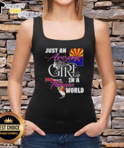 Arizona girl wearing a Florida-themed tank top, showcasing a vibrant style and summer vibes in a sunny outdoor setting.