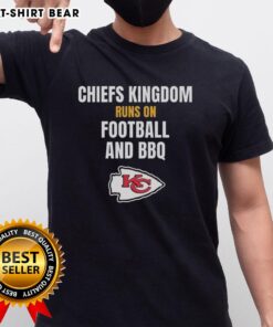 Top Kansas City Chiefs Kingdom Runs On Football and BBQ T-Shirt showcasing team spirit and love for barbecue culture.