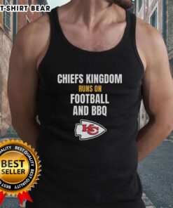 Alt Text: Kansas City Chiefs tank top featuring 'Runs on Football and BBQ' slogan, perfect for game day attire.