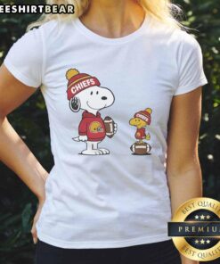Alt Text: Kansas City Chiefs Snoopy Woodstock NFL ladies tee showcasing vibrant graphics for football fans.