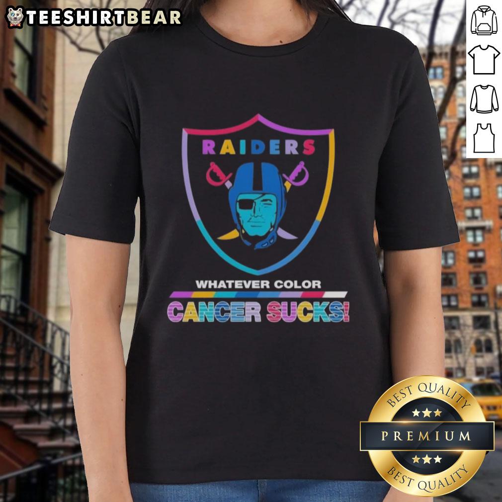 top-las-vegas-raiders-football-whatever-color-cancer-sucks-logo-colors-ladies-tee Ladies tee featuring the Las Vegas Raiders logo with colorful 'Cancer Sucks' design for awareness and support.
