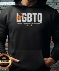 Top LGBTQ hoodie featuring vibrant design, showcasing legs, glutes, biceps, triceps, and quads for fitness enthusiasts.