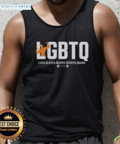 Model showcasing strong legs, glutes, biceps, and triceps in a stylish tank top, promoting LGBTQ fitness and pride.