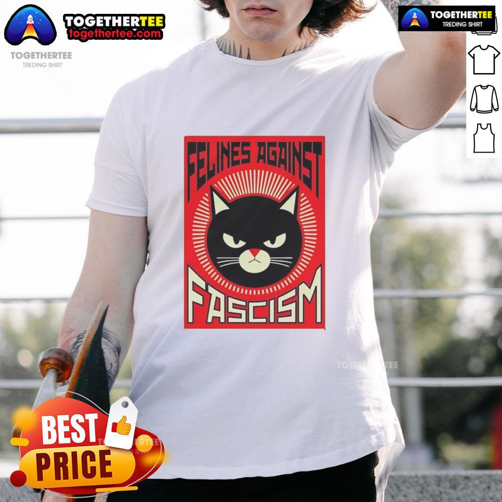 Top Lorenzo The Cat Felines Against Fascism T Shirt Alt Text: Top Lorenzo The Cat Felines Against Fascism T-Shirt featuring a playful cat graphic and bold anti-fascism message.