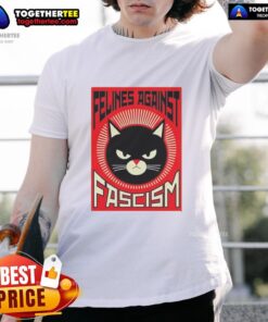 Alt Text: Top Lorenzo The Cat Felines Against Fascism T-Shirt featuring a playful cat graphic and bold anti-fascism message.