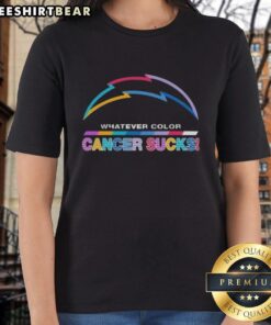 Alt Text: Los Angeles Chargers football ladies tee featuring colorful 'Cancer Sucks' logo design for awareness.