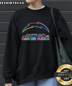 Los Angeles Chargers sweatshirt featuring colorful 'Cancer Sucks' logo, perfect for fans supporting cancer awareness.
