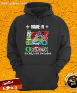 Alt Text: Top Made in Oregon A Long Long Time Ago state mashup logo hoodie featuring unique design and comfortable fit.
