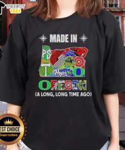 Alt Text: Made in Oregon mashup logo on a stylish ladies tee, showcasing a unique design for Oregon pride and fashion.