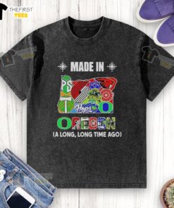 Alt Text: Top Made in Oregon A Long Long Time Ago state mashup logo on a washed t-shirt, perfect for casual wear.