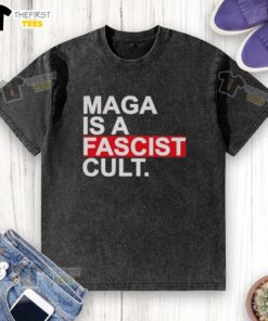 Top Maga Is A Fascist Cult washed t-shirt featuring bold text on a vintage-style fabric, perfect for casual wear.