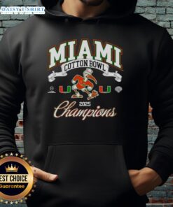 Alt Text: Miami Hurricanes Cotton Bowl Champions 2025 hoodie featuring the mascot, perfect for college football fans.