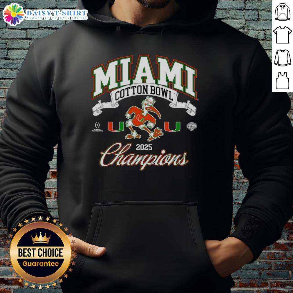 Top Miami Hurricanes College Football Playoff Cotton Bowl Champions Mascot 2025 Hoodie Alt Text: Miami Hurricanes Cotton Bowl Champions 2025 hoodie featuring the mascot, perfect for college football fans.