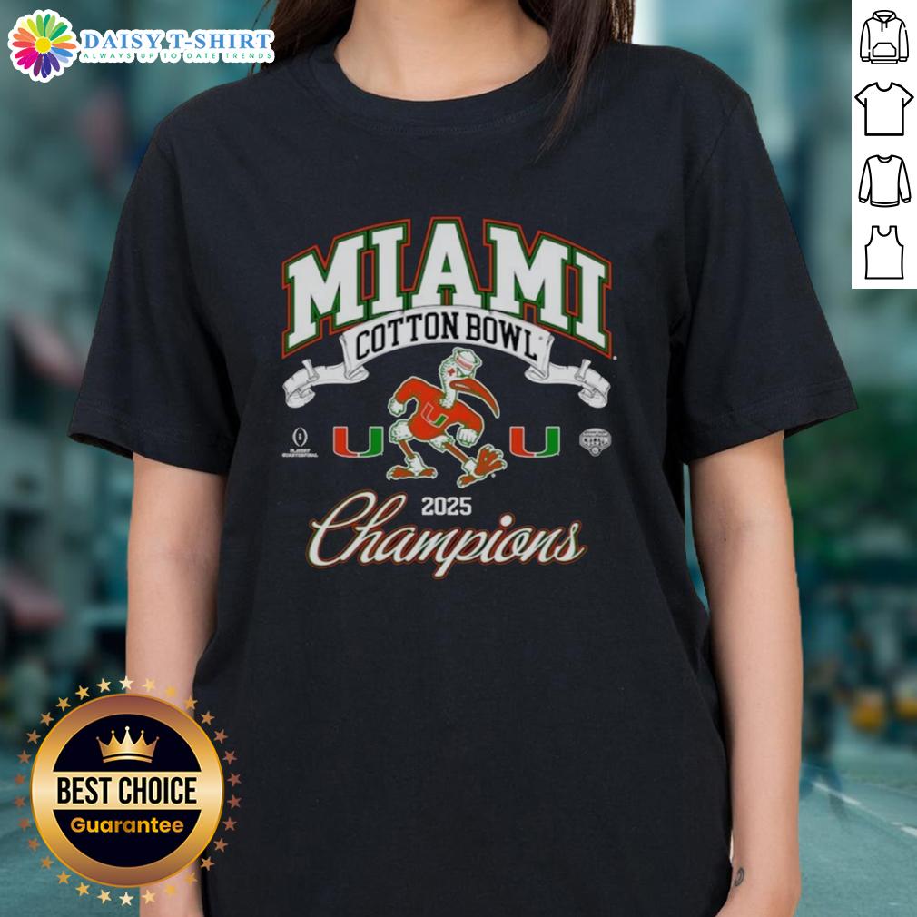 Top Miami Hurricanes College Football Playoff Cotton Bowl Champions Mascot 2025 Ladies-Tee 2025 Miami Hurricanes College Football Playoff Cotton Bowl Champions mascot on a ladies tee shirt design.
