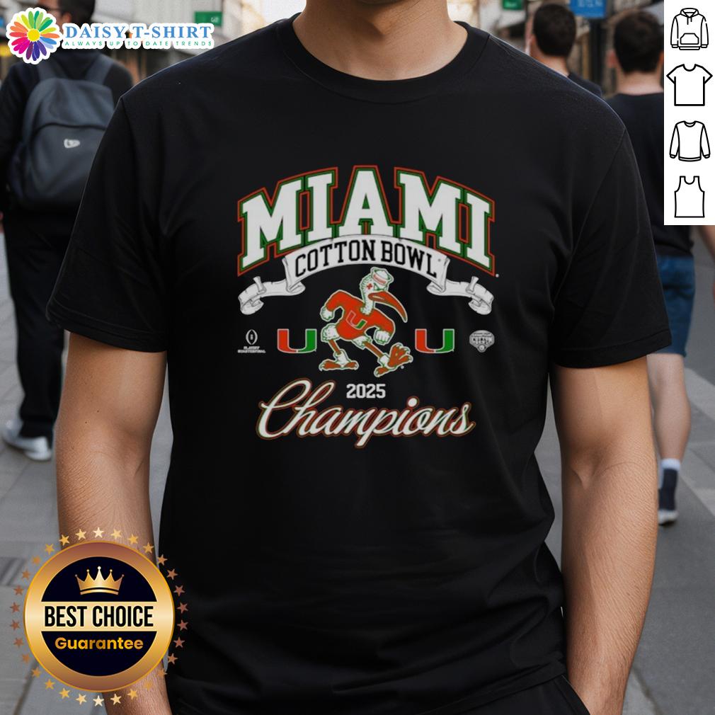 Top Miami Hurricanes College Football Playoff Cotton Bowl Champions Mascot 2025 T-Shirt Miami Hurricanes 2025 Cotton Bowl Champions T-Shirt featuring team mascot, perfect for college football fans and supporters.
