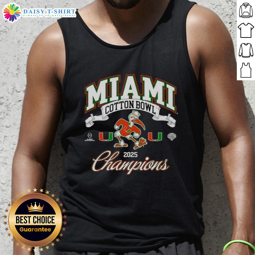 Top Miami Hurricanes College Football Playoff Cotton Bowl Champions Mascot 2025 Tank Top 2025 Miami Hurricanes Cotton Bowl Champions tank top featuring the team mascot, perfect for college football fans.