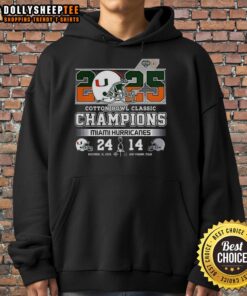 Alt Text: 2025 Miami Hurricanes Cotton Bowl Classic Champions hoodie featuring team helmet design for fans and collectors.