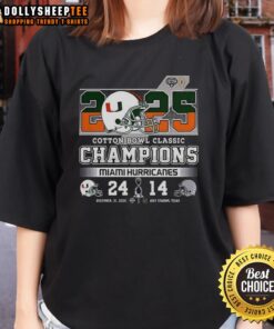 Alt Text: 2025 Miami Hurricanes Cotton Bowl Classic Champions helmet graphic on a ladies tee shirt