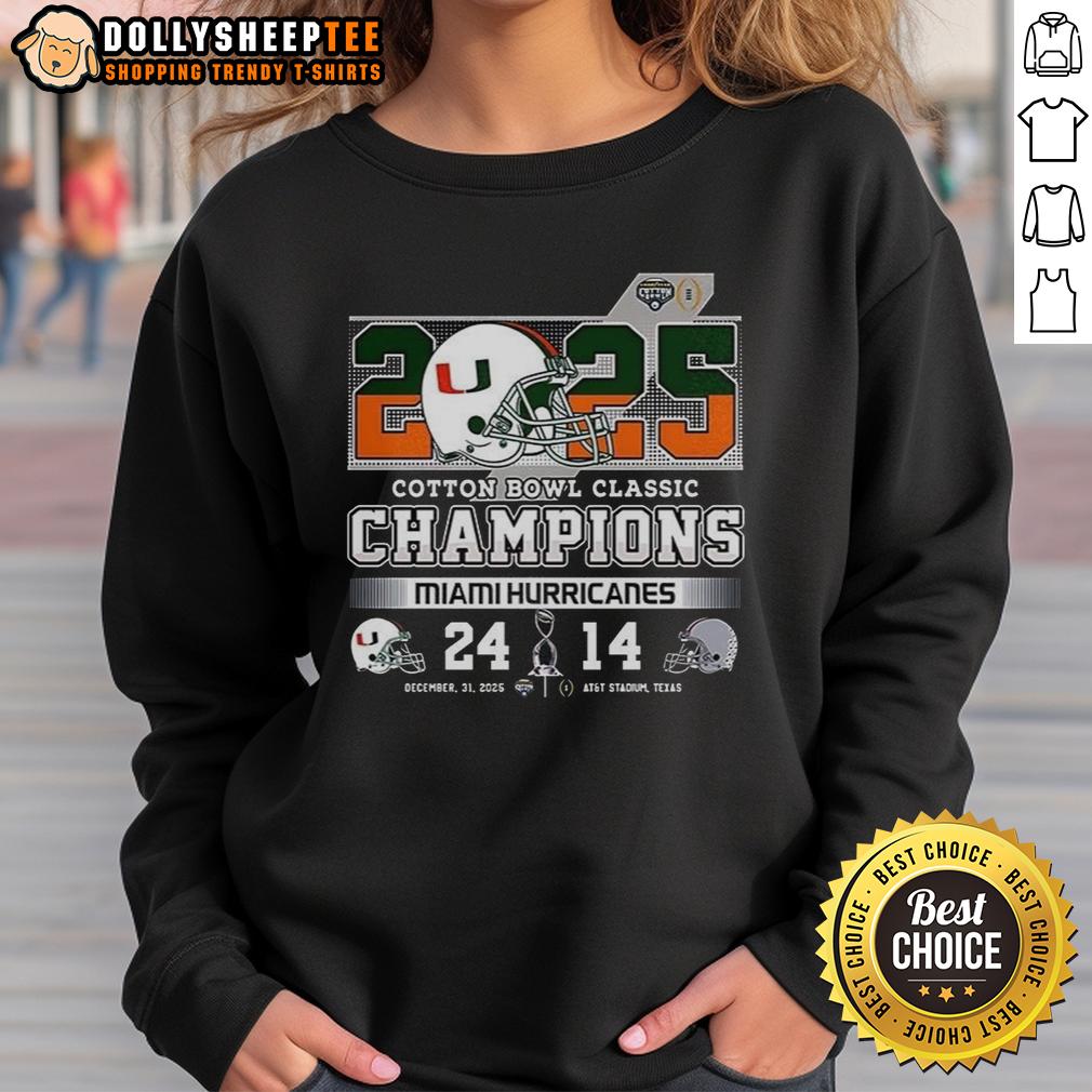 Top Miami Hurricanes Cotton Bowl Classic Champions 2025 Helmet Sweatshirt 2025 Miami Hurricanes Cotton Bowl Classic Champions sweatshirt featuring team helmet design, perfect for fans.