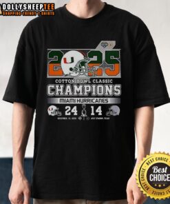 Top Miami Hurricanes Cotton Bowl Classic Champions 2025 Helmet T-Shirt featuring vibrant team colors and logo design.