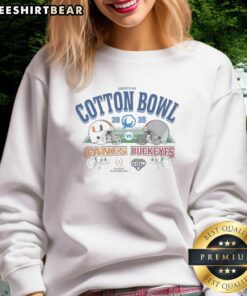 2025 Goodyear Cotton Bowl sweatshirt featuring Miami Hurricanes vs Ohio State Buckeyes design, perfect for fans.