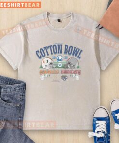 Top Miami Hurricanes vs Ohio State Buckeyes 2025 Goodyear Cotton Bowl washed t-shirt showcasing team logos and vibrant colors.