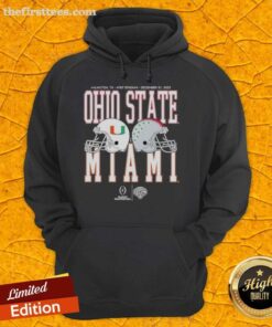 2026 Miami Hurricanes vs Ohio State Buckeyes Playoff Quarterfinal hoodie featuring team logos and vibrant colors.