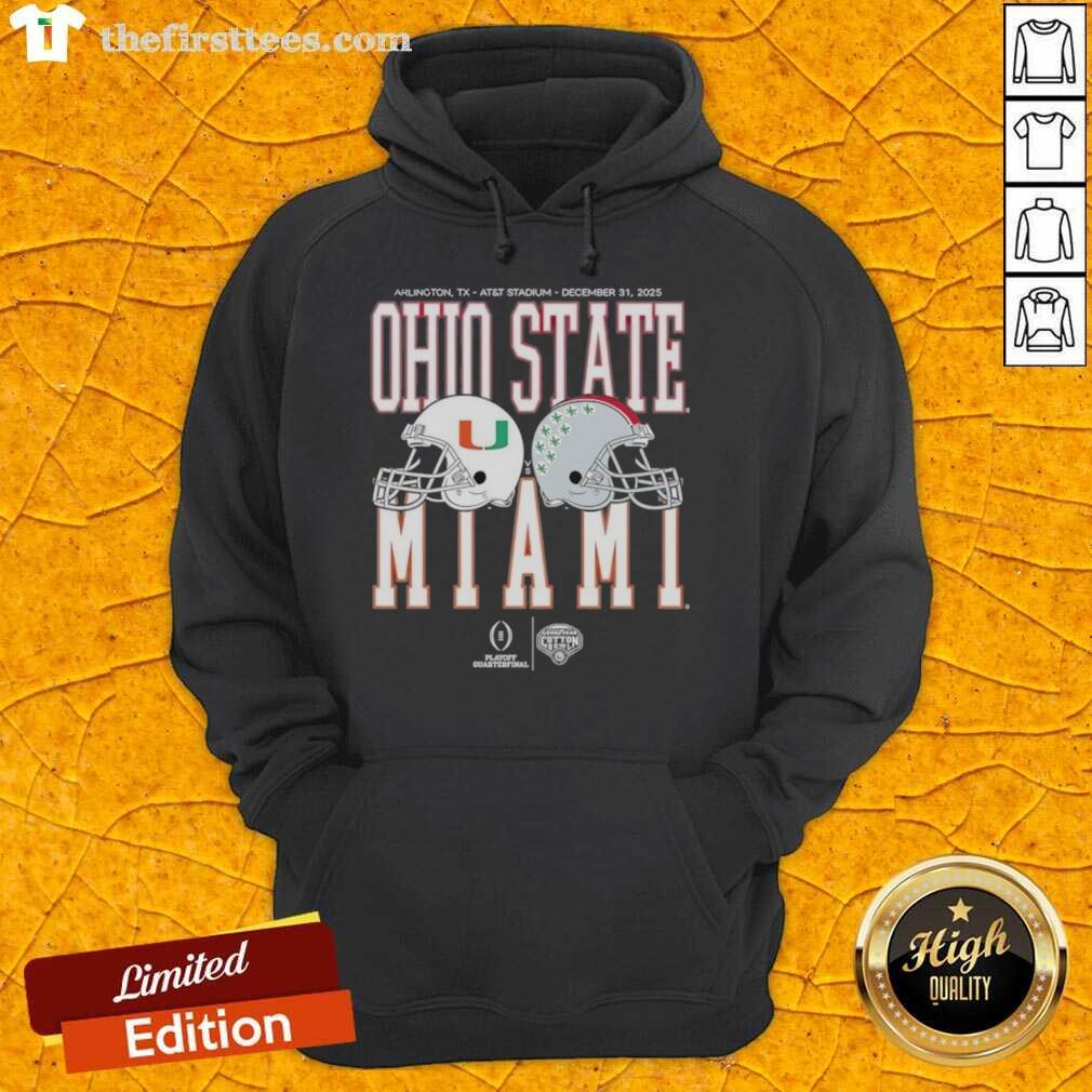 top-miami-hurricanes-vs-ohio-state-buckeyes-playoff-quarterfinal-2026-hoodie 2026 Miami Hurricanes vs Ohio State Buckeyes Playoff Quarterfinal hoodie featuring team logos and vibrant colors.