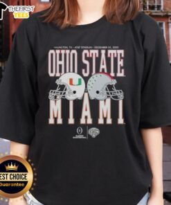 2026 Miami Hurricanes vs Ohio State Buckeyes playoff quarterfinal ladies tee showcasing team logos and vibrant colors.
